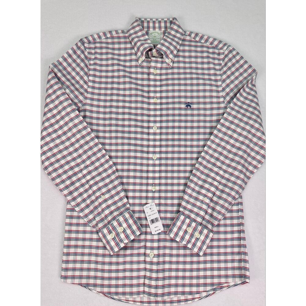 NWT Brooks Brothers 1818 Slim Fit Plaid Button Down Shirt Red Blue Green Small